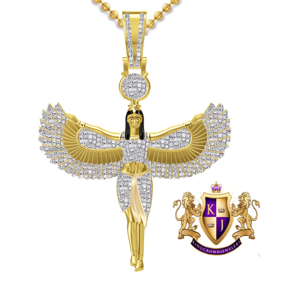 Real Genuine Diamond Ancient Egyptian Horus Sky Goddess God Isis Osiris Pendent 10K Gold Over Unisex Pharaoh Charm + Chain 25+ Grams 2.65''