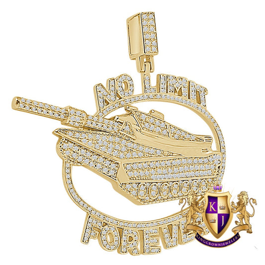 29+ Grams Real Genuine Sterling Silver 2.50 Cwt. Simulated Diamond No Limit Military Army Tank Custom Pendant 14K Gold Finish Charm 2.50''