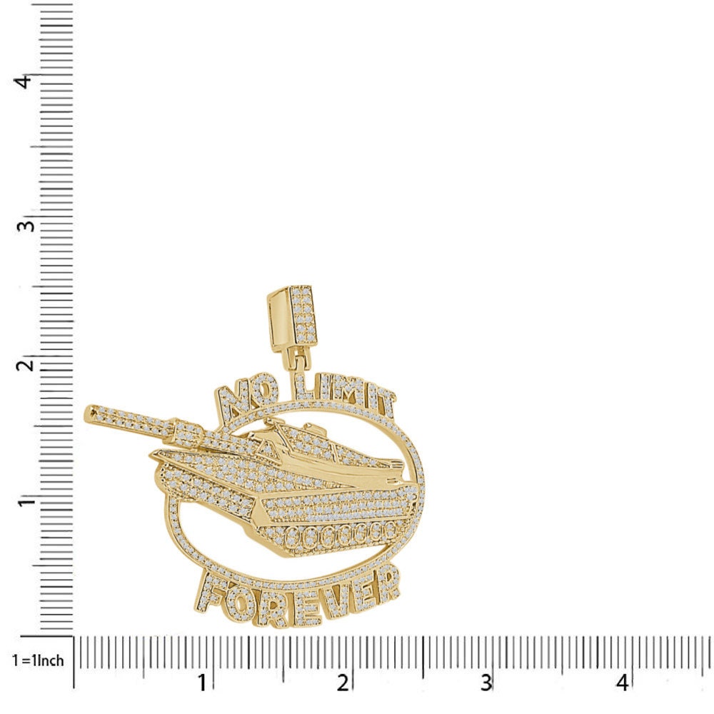 29+ Grams Real Genuine Sterling Silver 2.50 Cwt. Simulated Diamond No Limit Military Army Tank Custom Pendant 14K Gold Finish Charm 2.50''