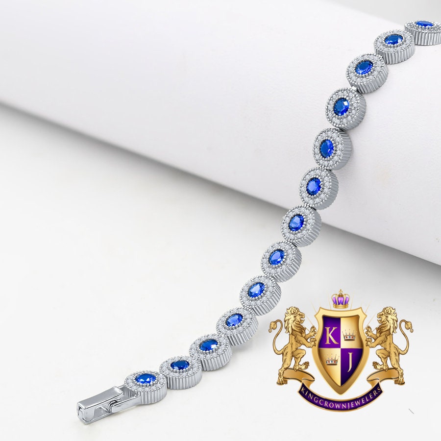 Unisex Blue Sapphire Real Sterling Silver Solitaire 4.00 Cwt. Simulated Diamond 14K White Gold Over 7mm Tennis Link Flower Bracelet 7''