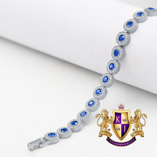 Unisex Blue Sapphire Real Sterling Silver Solitaire 4.00 Cwt. Simulated Diamond 14K White Gold Over 7mm Tennis Link Flower Bracelet 7''