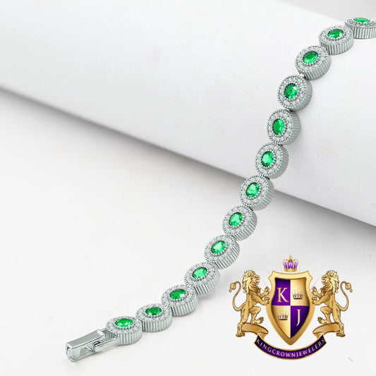 Unisex Green Emerald Real Sterling Silver Solitaire 4.00 Cwt. Simulated Diamond 14K White Gold Over 7mm Tennis Link Flower Bracelet 7''