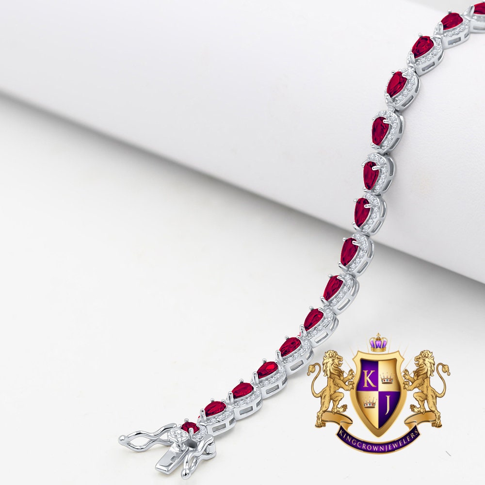 Ruby Red Real Genuine Sterling Silver 14K White Gold Over 3.00 Cwt. Simulated Diamond Pear Shape 5mm Unisex Tennis Link Bracelet 7.5''