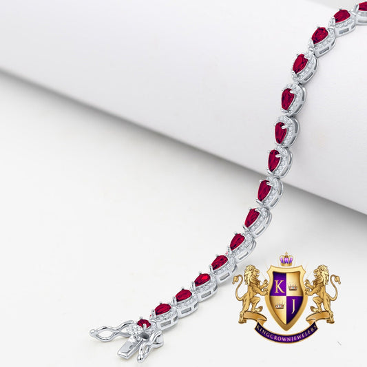 Ruby Red Real Genuine Sterling Silver 14K White Gold Over 3.00 Cwt. Simulated Diamond Pear Shape 5mm Unisex Tennis Link Bracelet 7.5''