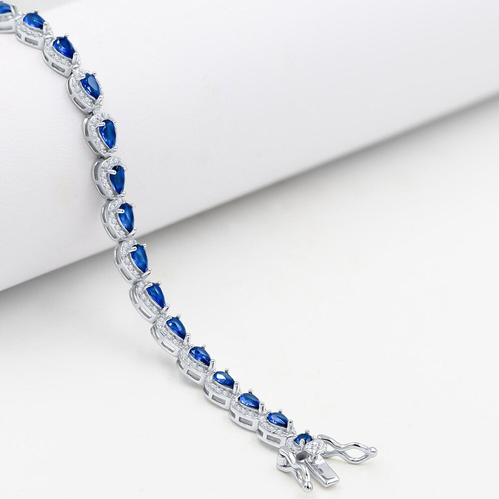Sapphire Blue Real Genuine Sterling Silver 14K White Gold Over 3.00 Cwt. Simulated Diamond Pear Shape 5mm Unisex Tennis Link Bracelet 7.5''