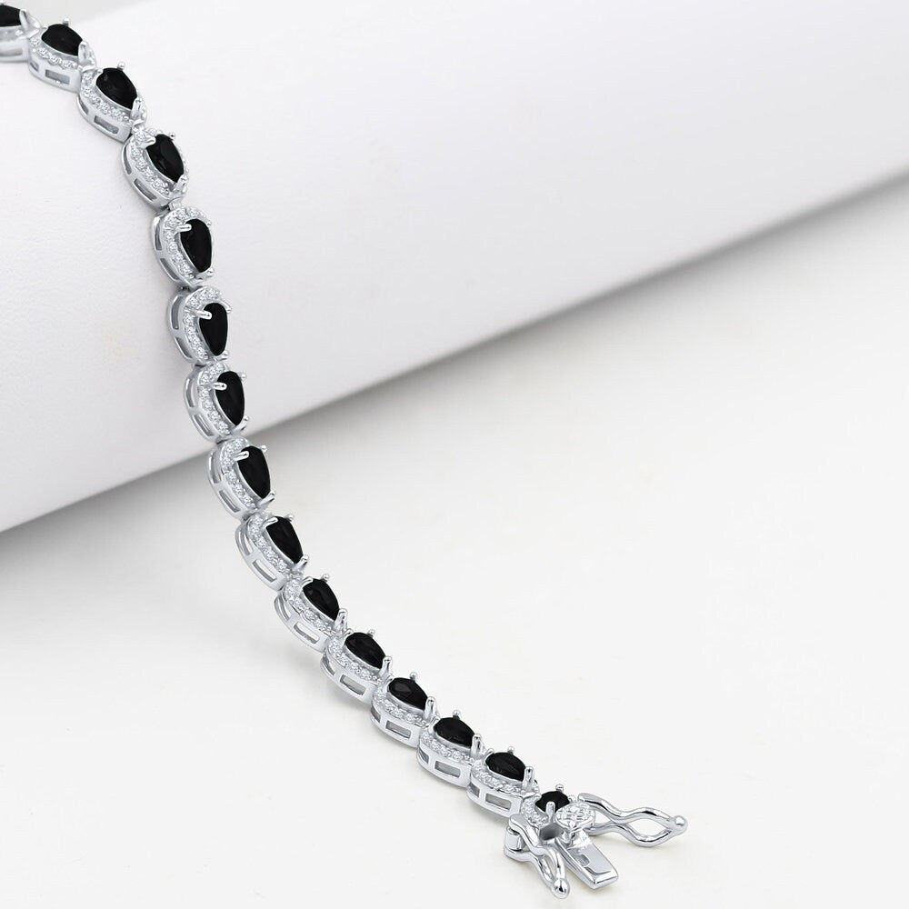 Onyx Black Real Sterling Silver 14K White Gold Over 3.00 Cwt. Simulated Diamond Pear Shape 5mm Unisex Tennis Link Bracelet 7.5''