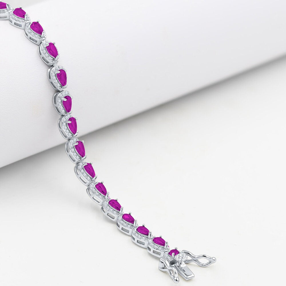 Soft Baby Pink Real Sterling Silver 14K White Gold Over 3.00 Cwt. Simulated Diamond Pear Shape 5mm Unisex Tennis Link Bracelet 7.5''
