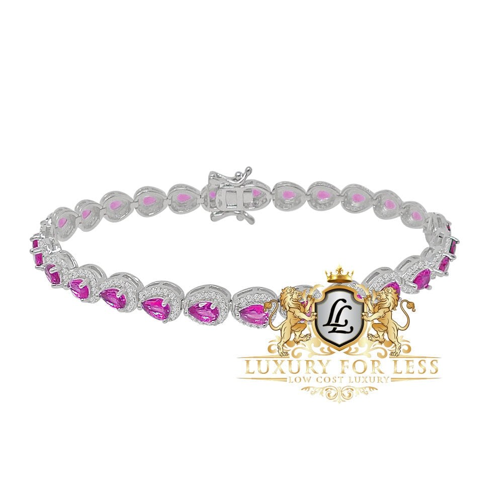 Soft Baby Pink Real Sterling Silver 14K White Gold Over 3.00 Cwt. Simulated Diamond Pear Shape 5mm Unisex Tennis Link Bracelet 7.5''