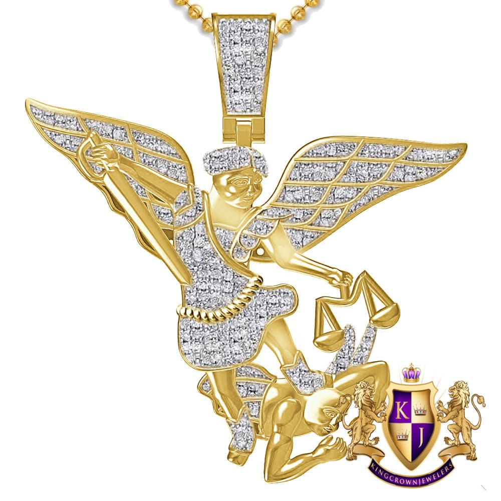 Real Genuine Authentic Diamond 0.60 Cwt. Patron Saint Michael The Archangel Pendent 10K Gold Over Religious Charm Chain Set 23+ Grams 2.25''