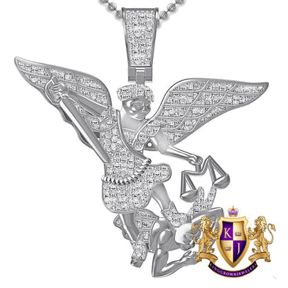 Real Genuine Authentic Diamond 0.60 Cwt. Patron Saint Michael The Archangel Pendent 10K Gold Over Religious Charm Chain Set 23+ Grams 2.25''