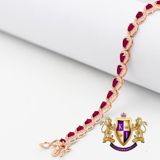 Ruby Red Real Sterling Silver 14K Rose Gold Over 3.00 Cwt. Simulated Diamond Pear Shape 5mm Unisex Tennis Link Bracelet 7.5''