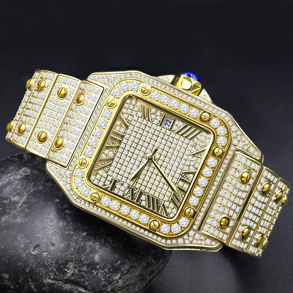 Men's Solid Stainless Steel Roman Dial Face 18K Yellow Gold Finish Iced Out Automatic Movement Date Luxury Handmade Custom Watch