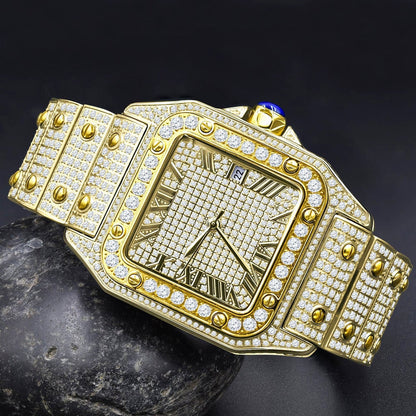 Men's Solid Stainless Steel Roman Dial Face 18K Yellow Gold Finish Iced Out Automatic Movement Date Luxury Handmade Custom Watch