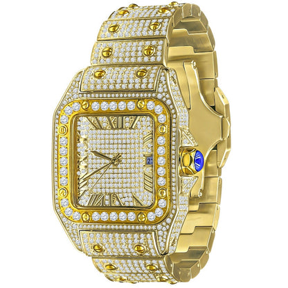Men's Solid Stainless Steel Roman Dial Face 18K Yellow Gold Finish Iced Out Automatic Movement Date Luxury Handmade Custom Watch