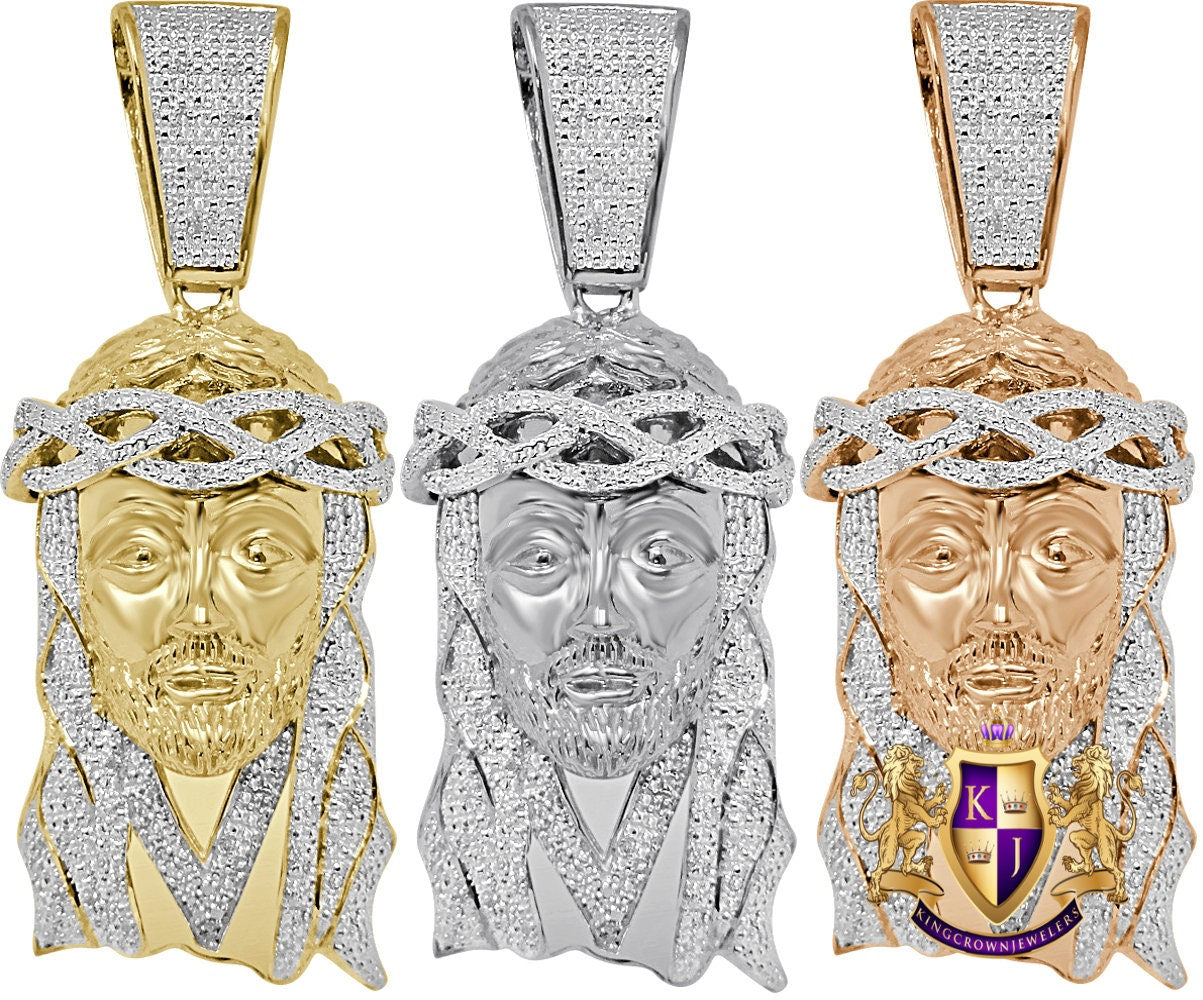 Real Genuine Authentic Diamond 35+ Grams Big 2.85'' Jesus Christ Face Piece Cross Head Charm 10K Gold Over Unisex Pendent