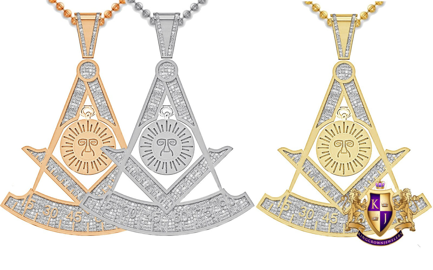 Real Genuine Diamond 0.60 Cwt. 18+ Grams Mason Past Masters Degree Masonic Freemasonry 10K Gold Over Pendent Unisex Charm Chain Set 2.25''