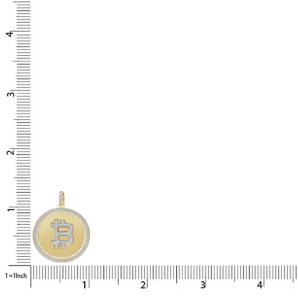 Real Genuine Diamond Bitcoin Money Cryptocurrency 10K Gold Over Unisex Round Pendent Charm Chain Set Small 1.25''