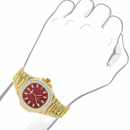 Men's Solid Stainless Steel Ruby Red Dial 18K 2 Tone Gold Simulated Diamond Handmade 5 ATM Water Resistance Luxury Watch W/Date 36mm
