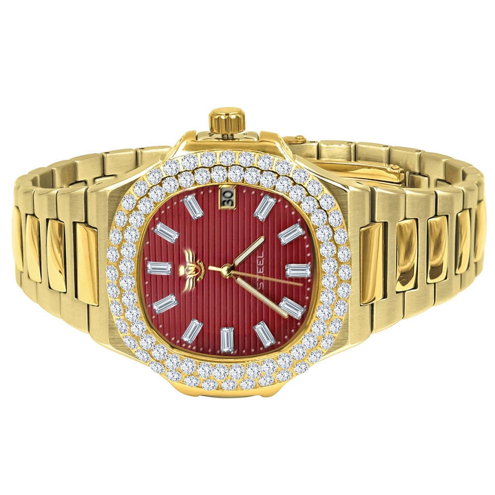 Men's Solid Stainless Steel Ruby Red Dial 18K 2 Tone Gold Simulated Diamond Handmade 5 ATM Water Resistance Luxury Watch W/Date 36mm