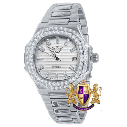 Men's Solid Stainless Steel 18K White Gold Finish Simulated Diamond Handmade 5 ATM Water Resistance Luxury Watch With Date 36mm