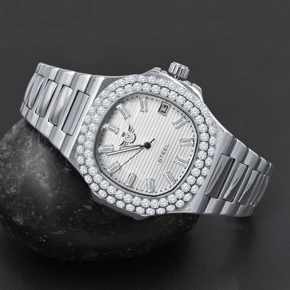 Men's Solid Stainless Steel 18K White Gold Finish Simulated Diamond Handmade 5 ATM Water Resistance Luxury Watch With Date 36mm