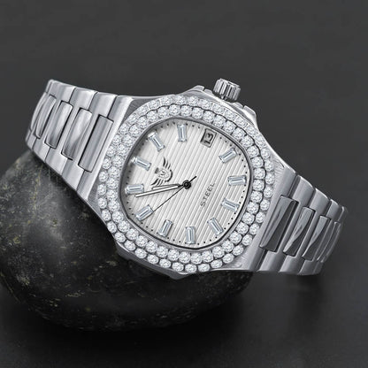 Men's Solid Stainless Steel 18K White Gold Finish Simulated Diamond Handmade 5 ATM Water Resistance Luxury Watch With Date 36mm