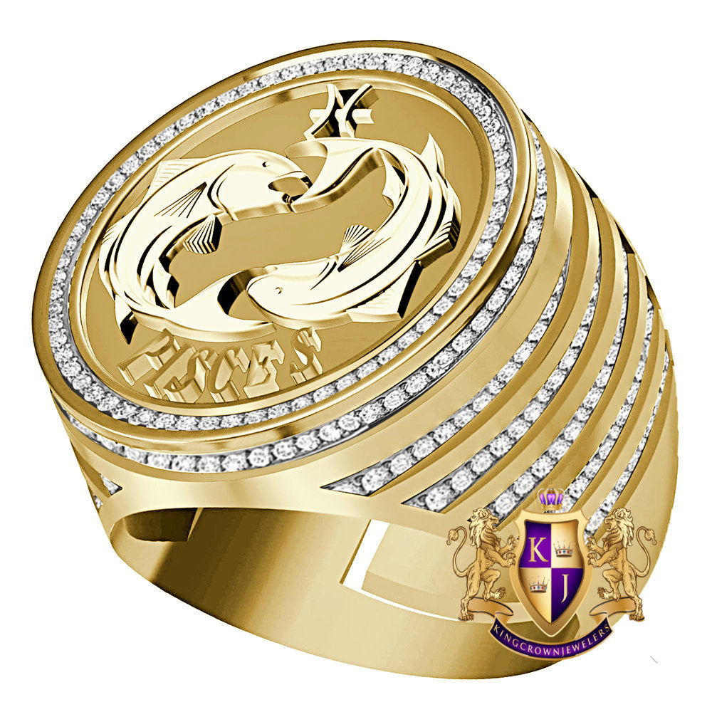 Men's Real Genuine Diamond 1.00 Cwt. Zodiac Astrological Sign Pisces Water Fish Horoscope Band 10K Solid Gold On Ring 24mm (Adjustable Size)