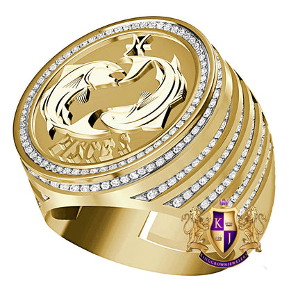 Men's Real Genuine Diamond 1.00 Cwt. Zodiac Astrological Sign Pisces Water Fish Horoscope Band 10K Solid Gold On Ring 24mm (Adjustable Size)