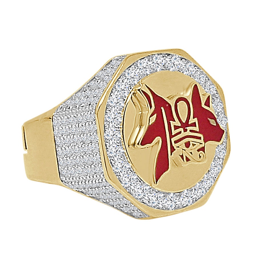 Men's Real Genuine Sterling Silver 14K Gold On Simulated Diamond Egyptian God Anubis Ankh Cross Pharaoh Ring Band (Adjustable Size 10 Up 12)