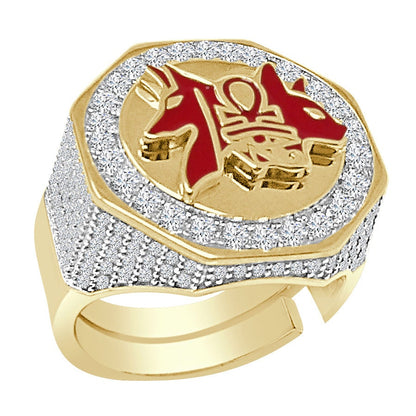 Men's Real Genuine Sterling Silver 14K Gold On Simulated Diamond Egyptian God Anubis Ankh Cross Pharaoh Ring Band (Adjustable Size 10 Up 12)