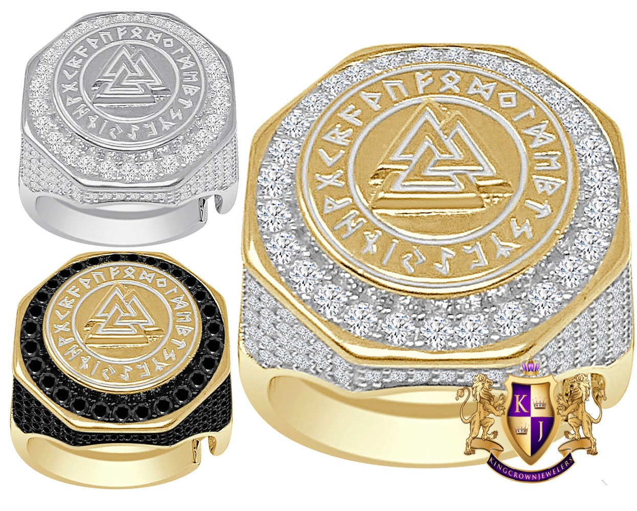 Men's Real Genuine Sterling Silver 14K Gold On Simulated Diamond Odin Norse Viking Valknut Triangle Ring Band (Adjustable Size 10 Up 12)