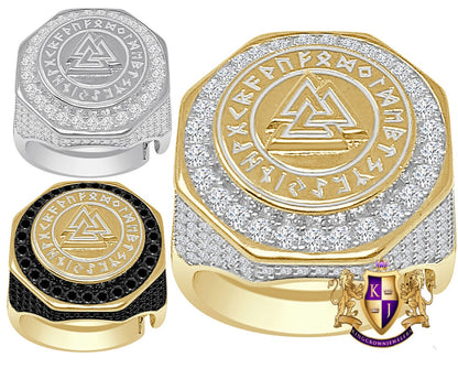 Men's Real Genuine Sterling Silver 14K Gold On Simulated Diamond Odin Norse Viking Valknut Triangle Ring Band (Adjustable Size 10 Up 12)
