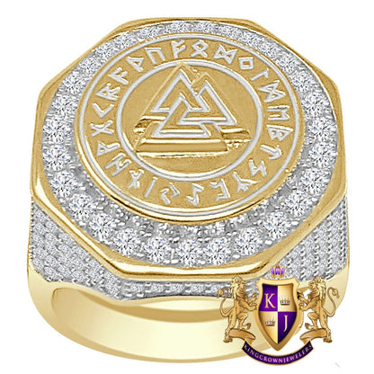 Men's Real Genuine Sterling Silver 14K Gold On Simulated Diamond Odin Norse Viking Valknut Triangle Ring Band (Adjustable Size 10 Up 12)