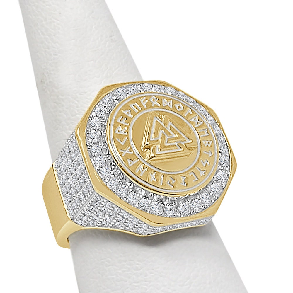 Men's Real Genuine Sterling Silver 14K Gold On Simulated Diamond Odin Norse Viking Valknut Triangle Ring Band (Adjustable Size 10 Up 12)