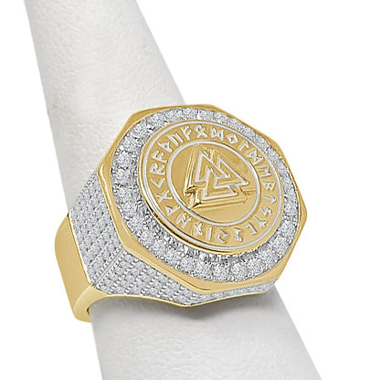 Men's Real Genuine Sterling Silver 14K Gold On Simulated Diamond Odin Norse Viking Valknut Triangle Ring Band (Adjustable Size 10 Up 12)