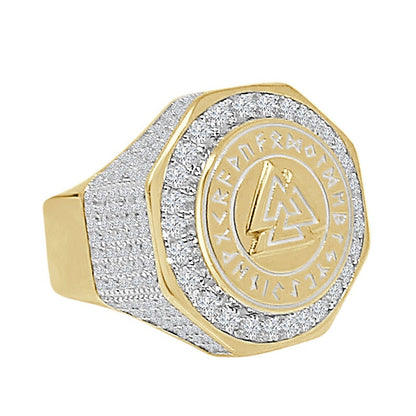 Men's Real Genuine Sterling Silver 14K Gold On Simulated Diamond Odin Norse Viking Valknut Triangle Ring Band (Adjustable Size 10 Up 12)