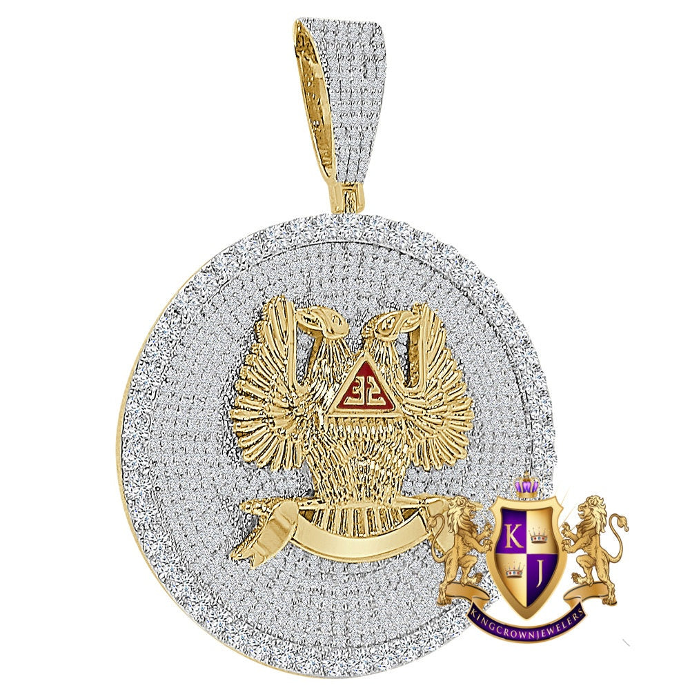45+ Grams 3" 14K Gold On Simulated Diamond Double-Headed Eagle 32 Degree Masonic Scottish Rite Freemasonry Custom Pendent Charm Medallion