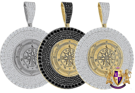 45+ Grams Big XL 3" Exclusive Custom Piece 14K Gold Finish Simulated Diamond Wiccan Mandala Witches Runes Earth Zodiac Wheel Pendent Charm