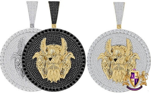 45+ Grams Big XL 3" Exclusive Custom Piece 14K Gold On Simulated Diamond Viking Norus God Odin Ravens Huginn Muninn Pendent Charm Medallion