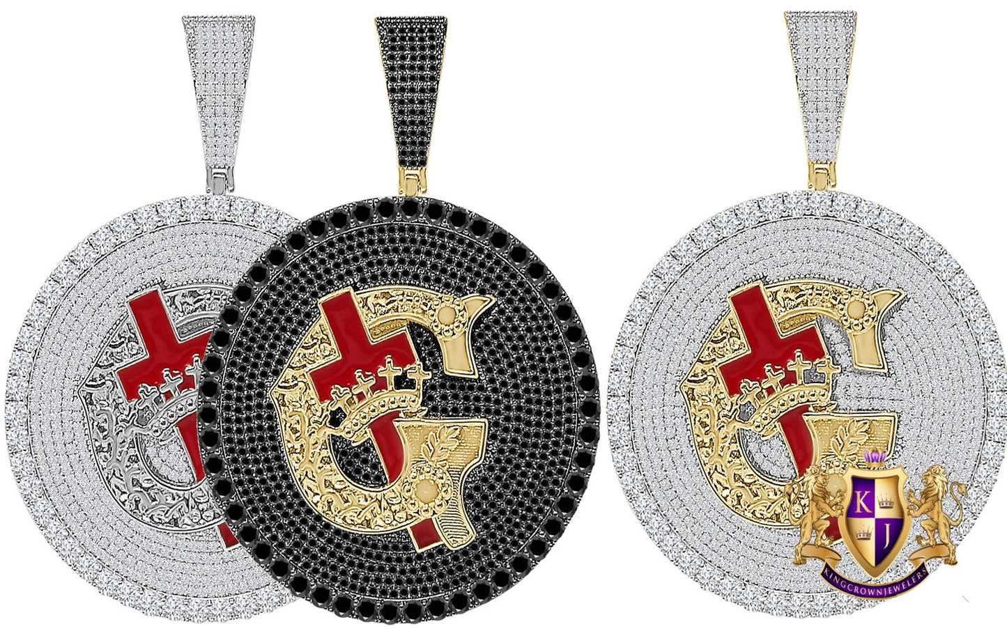 Men's 45+ Grams Big 3" Exclusive Custom Piece 14K Gold Over Simulated Diamond Knight Templar Masonic Freemason Pendent Charm Medallion