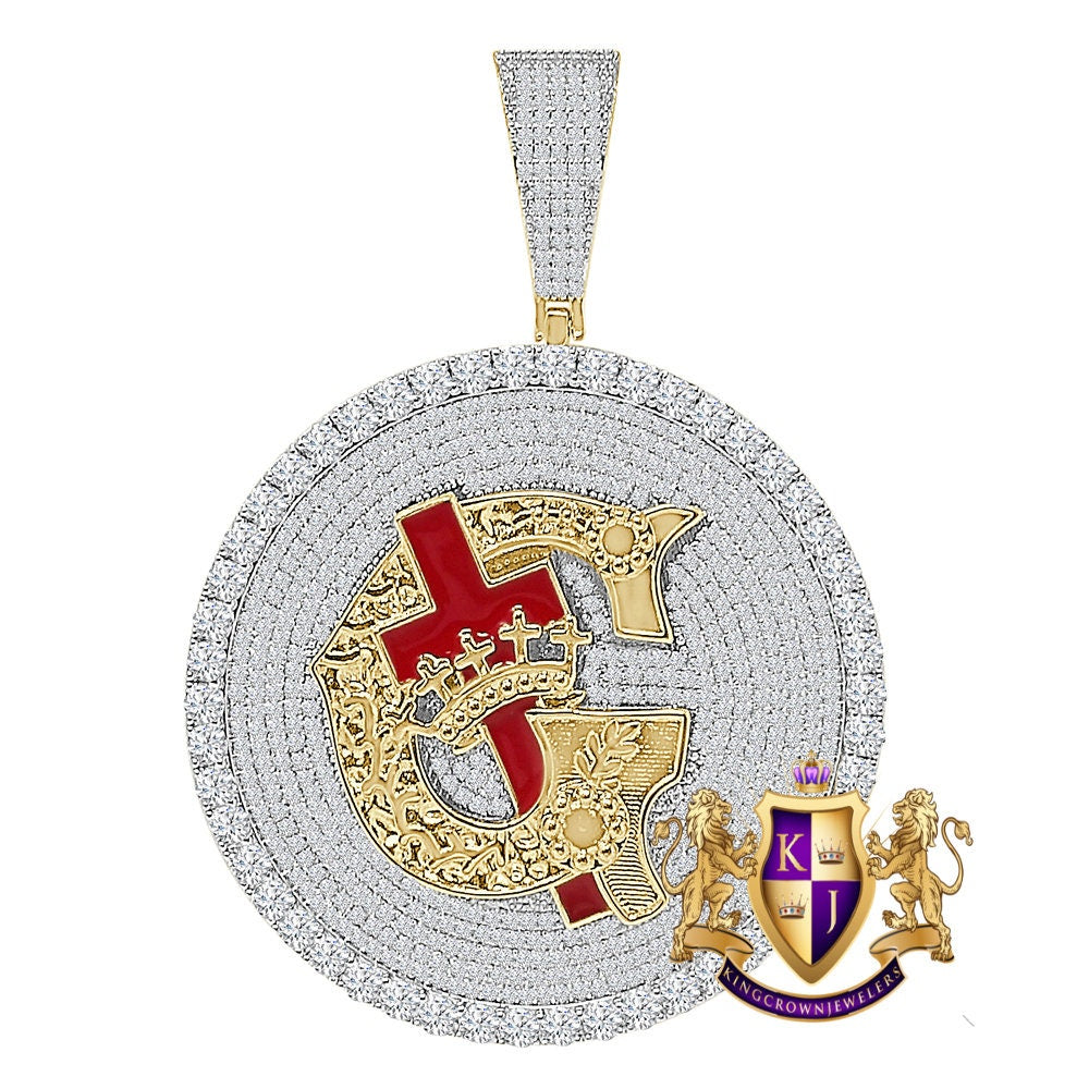 Men's 45+ Grams Big 3" Exclusive Custom Piece 14K Gold Over Simulated Diamond Knight Templar Masonic Freemason Pendent Charm Medallion