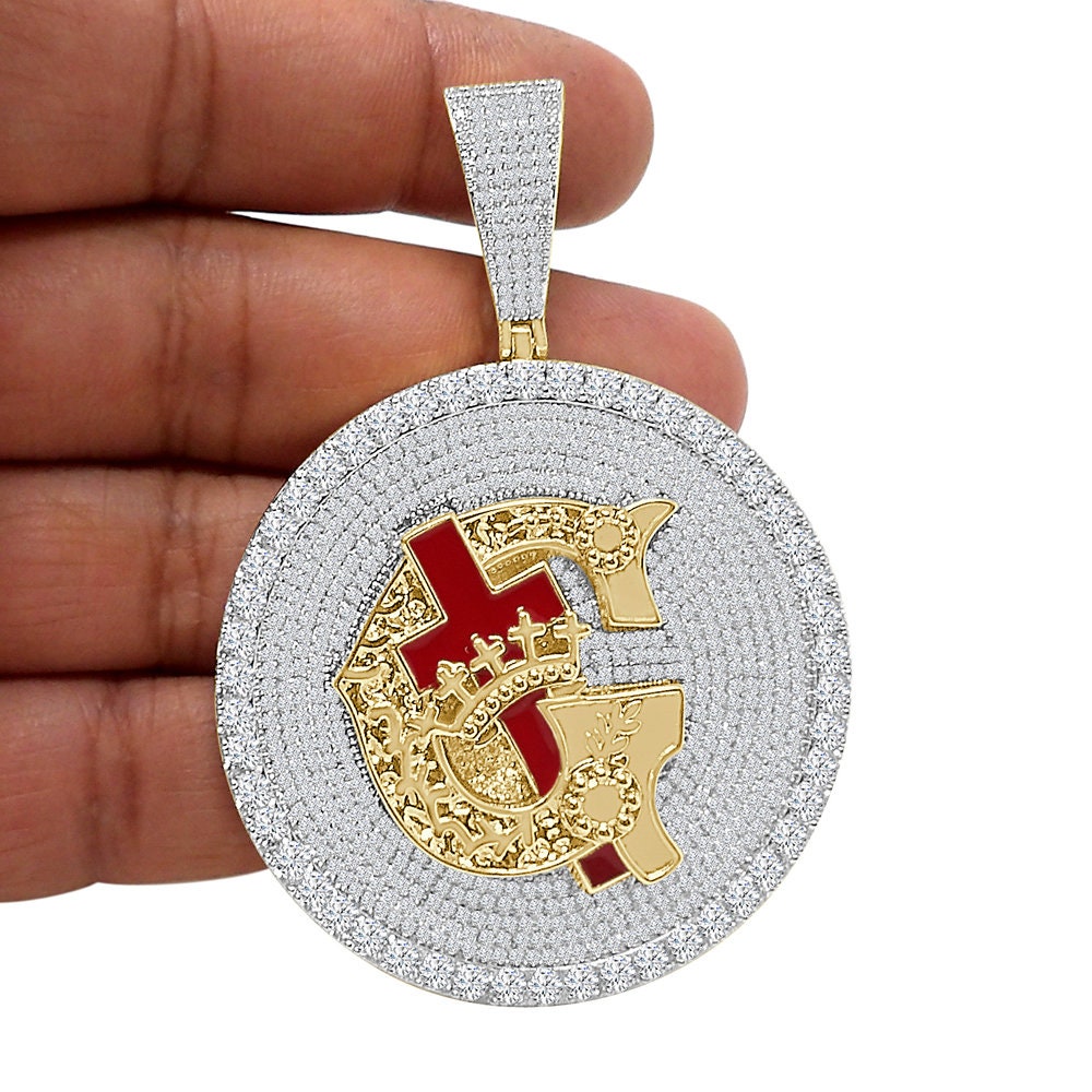 Men's 45+ Grams Big 3" Exclusive Custom Piece 14K Gold Over Simulated Diamond Knight Templar Masonic Freemason Pendent Charm Medallion