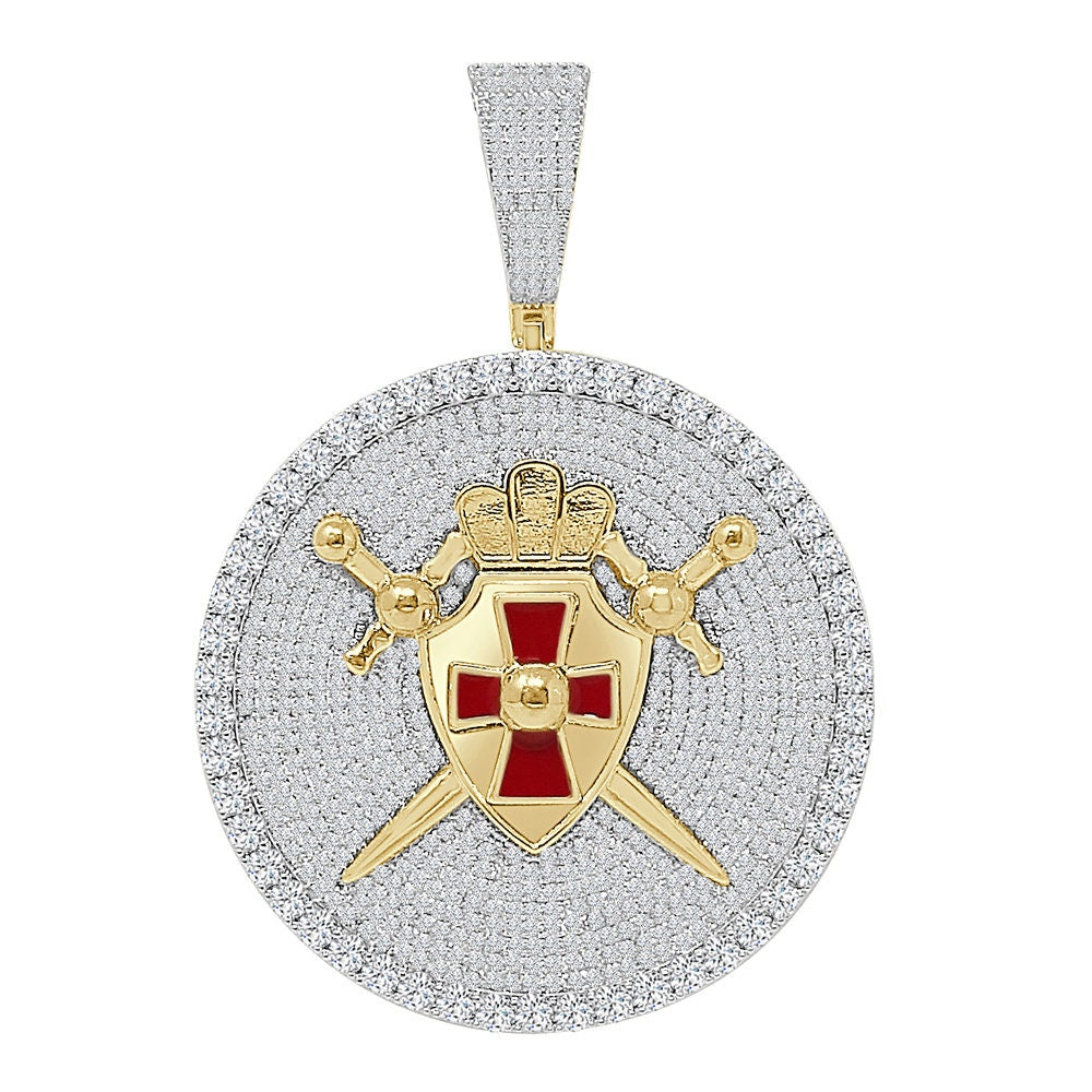 Men's 45+ Grams Big XL 3" 14K Gold Over Simulated Diamond Knights Templar Masonic Freemasonry Sword Shield Custom Pendent Charm Medallion