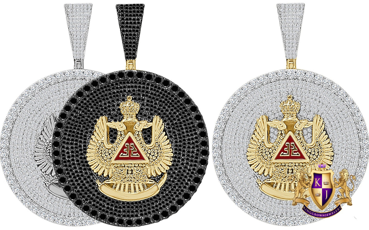 Men's 45+ Grams Big XL 3" Custom Piece 14K Gold Finish Simulated Diamond 32 Degree Masonic Scottish Rite Freemasonry Pendent Charm Medallion