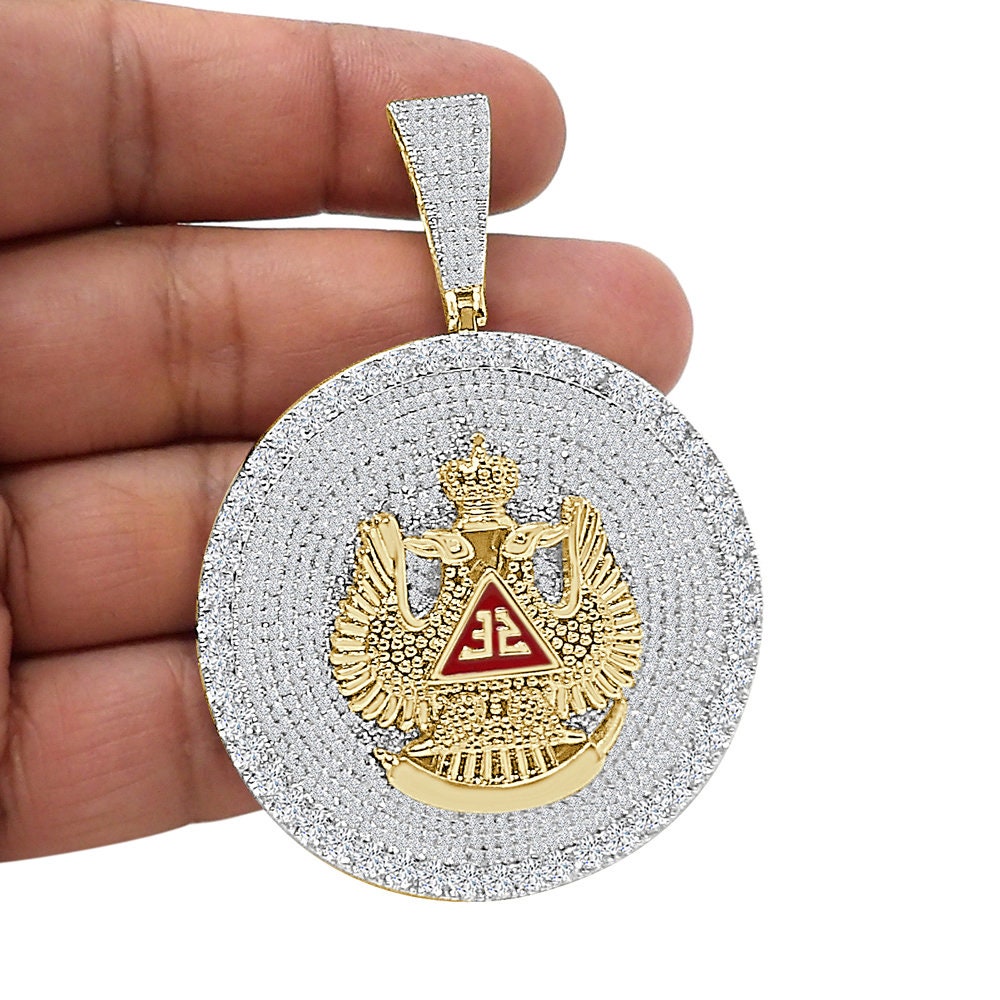 Men's 45+ Grams Big XL 3" Custom Piece 14K Gold Finish Simulated Diamond 32 Degree Masonic Scottish Rite Freemasonry Pendent Charm Medallion