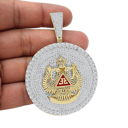 Men's 45+ Grams Big XL 3" Custom Piece 14K Gold Finish Simulated Diamond 32 Degree Masonic Scottish Rite Freemasonry Pendent Charm Medallion