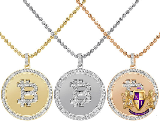 Real Genuine Diamond Bitcoin Money Cryptocurrency 10K Gold Over Unisex Round Pendent Charm Chain Set Small 1.25''