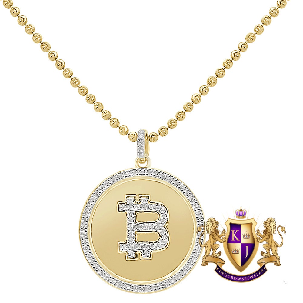 Real Genuine Diamond Bitcoin Money Cryptocurrency 10K Gold Over Unisex Round Pendent Charm Chain Set Small 1.25''