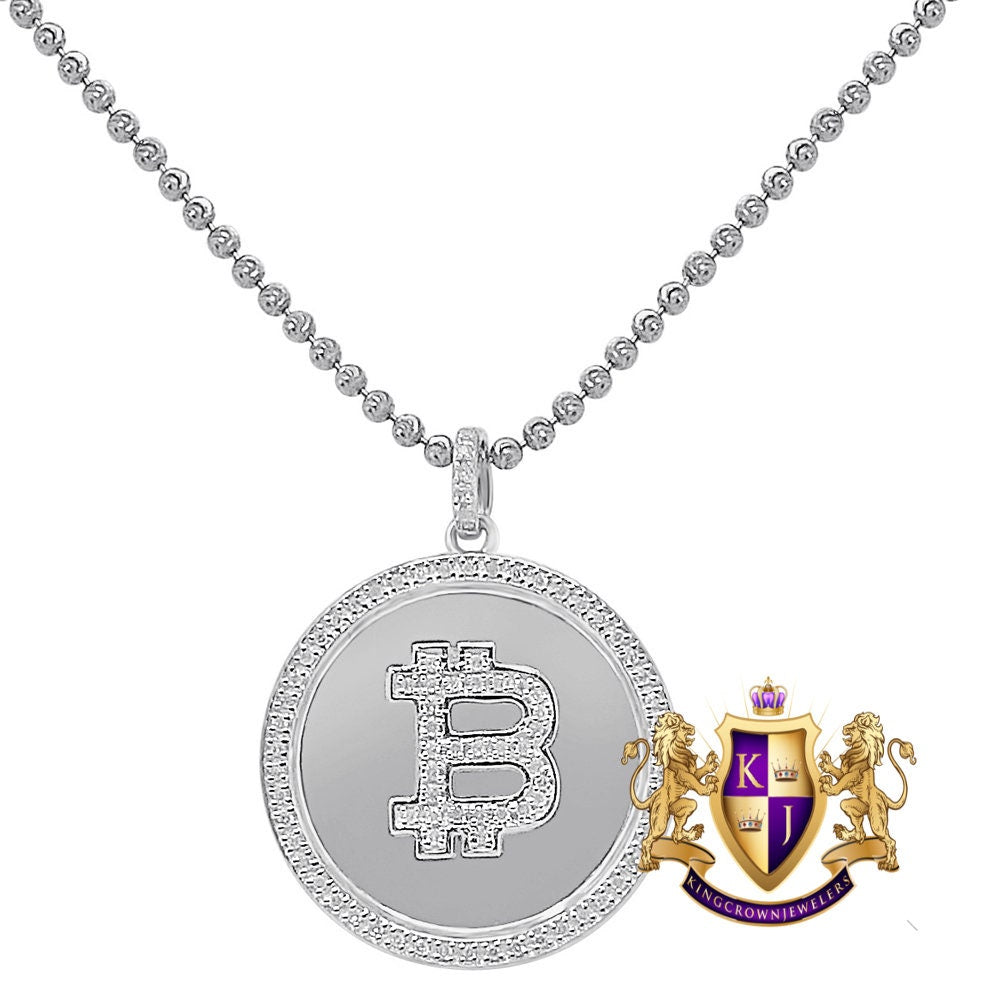 Real Genuine Diamond Bitcoin Money Cryptocurrency 10K Gold Over Unisex Round Pendent Charm Chain Set Small 1.25''