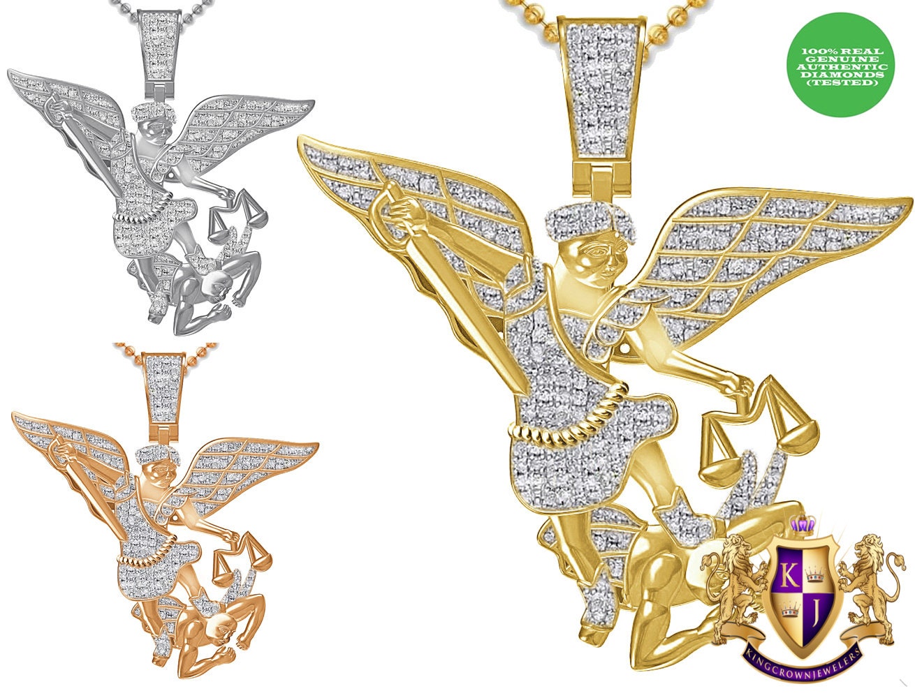 Real Genuine Authentic Diamond 0.60 Cwt. Patron Saint Michael The Archangel Pendent 10K Gold Over Religious Charm Chain Set 23+ Grams 2.25''